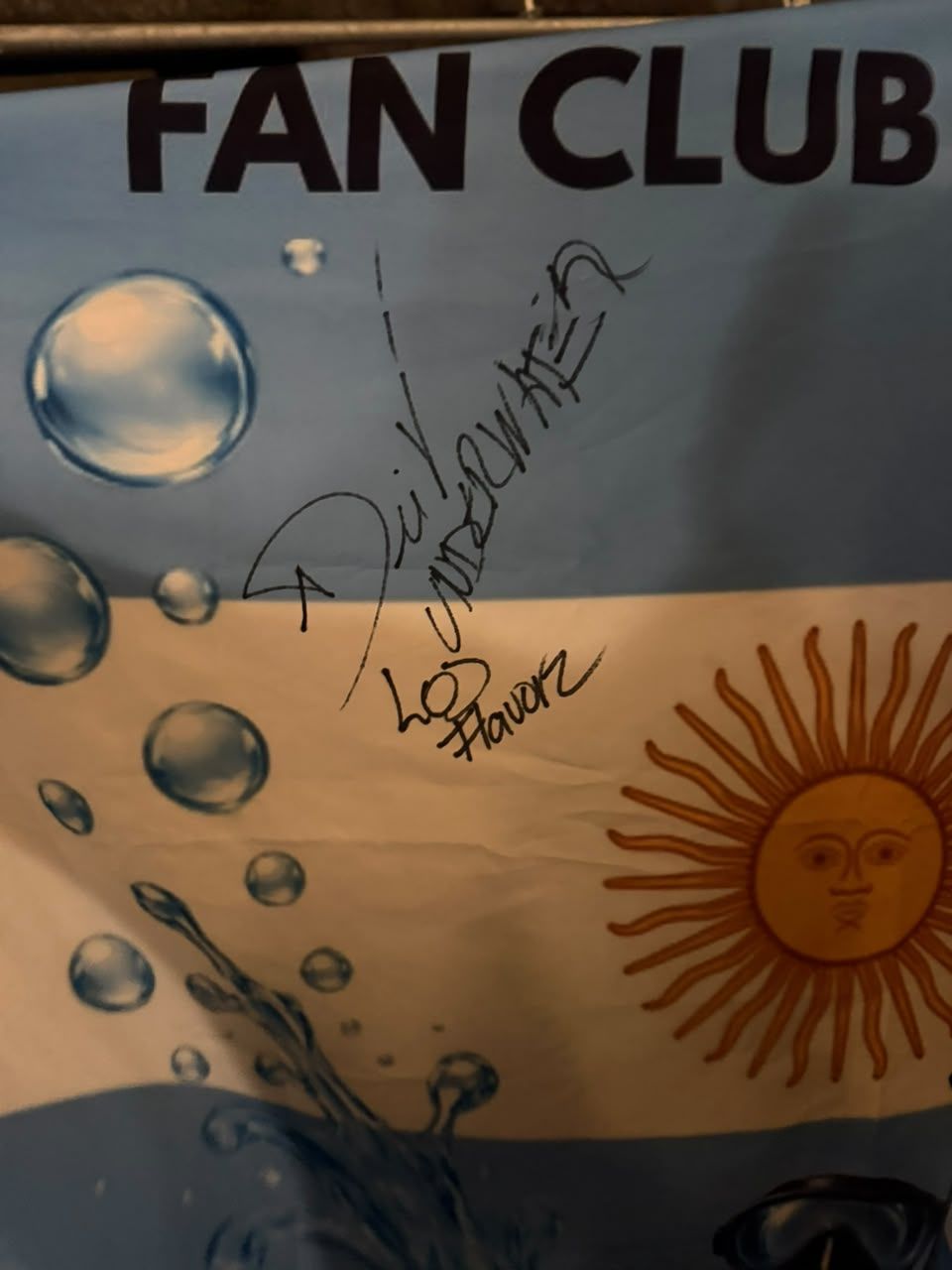 Primer plano de la firma de Dei V sobre la bandera